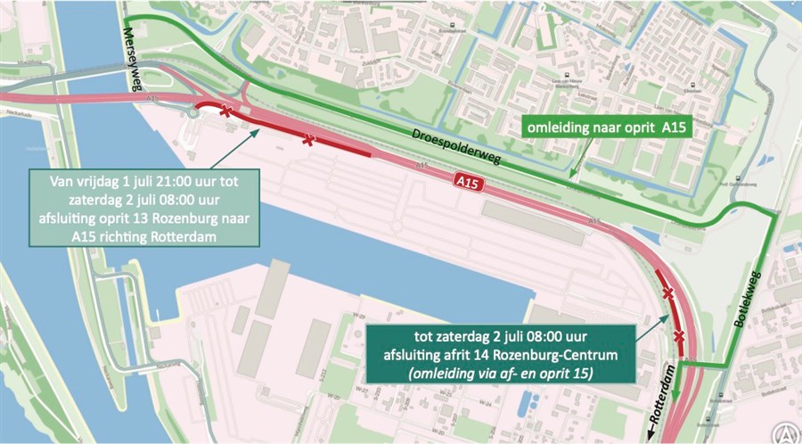 Bericht Nachtafsluiting oprit 13 Rozenburg A15 richting Rotterdam - 1 juli, afrit 14 vanaf 2 juli weer open bekijken